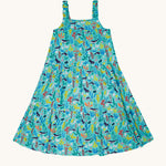 Frugi Alani Midi Dress laid flat, featuring a Sea Life print which includes different sea animals and colourful seaweed and coral on a mint background.