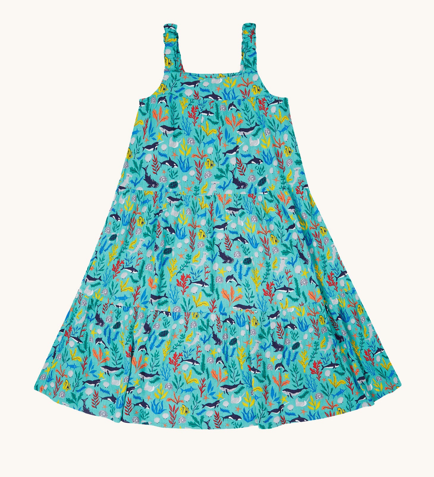 Frugi Alani Midi Dress laid flat, featuring a Sea Life print which includes different sea animals and colourful seaweed and coral on a mint background.