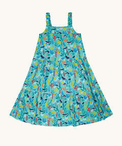 Frugi Alani Midi Dress laid flat, featuring a Sea Life print which includes different sea animals and colourful seaweed and coral on a mint background.