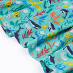 A close up of Frugi Alani Midi Dress, featuring a Sea Life print which includes different sea animals and colourful seaweed and coral on a mint background.
