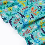 A close up of Frugi Alani Midi Dress, featuring a Sea Life print which includes different sea animals and colourful seaweed and coral on a mint background.