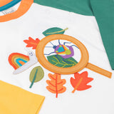 Frugi organic cotton Alfie interactive long sleeved top. One sleeve is green one is yellow. 