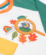 Frugi organic cotton Alfie interactive long sleeved top. One sleeve is green one is yellow. 
