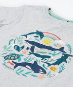 A close up of Frugi Alice Applique T-Shirt in Grey Marl, featuring a Sea Life print in the centre including dolphins, whales and smaller fish.