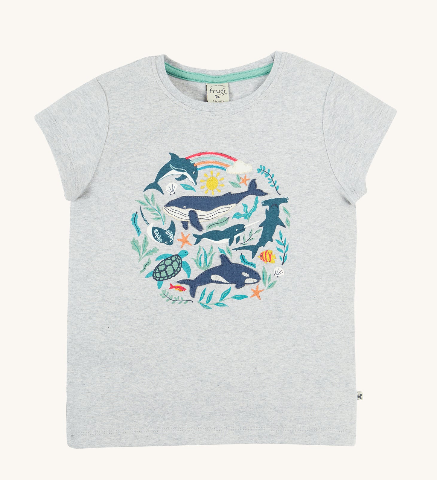 Frugi Alice Applique T-Shirt in Grey Marl laid flat, featuring a Sea Life print in the centre including dolphins, whales and smaller fish.