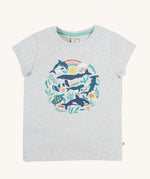 Frugi Alice Applique T-Shirt in Grey Marl laid flat, featuring a Sea Life print in the centre including dolphins, whales and smaller fish.