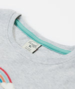 A close up of Frugi Alice Applique T-Shirt in Grey Marl's embroidered collar.