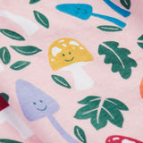 A close up of the Frugi kids pelican fun-guys amelia dress showing the playful mushroom print detail on pink organic cotton fabric.