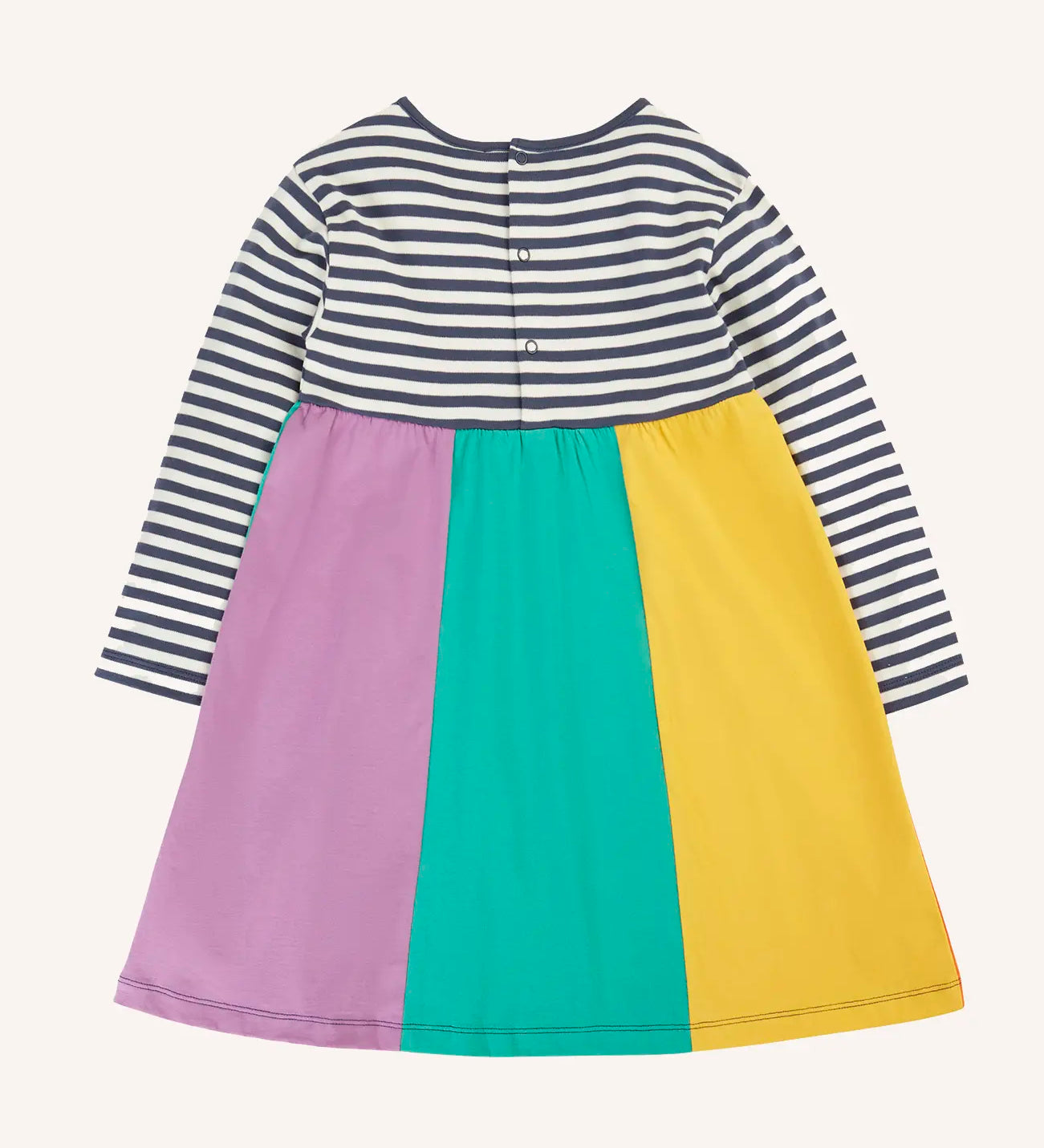 Back of the Frugi amelia rainbow dress navy breton stripe top and wide rainbow stripe skirt. The dress has a poppered closure on the back.