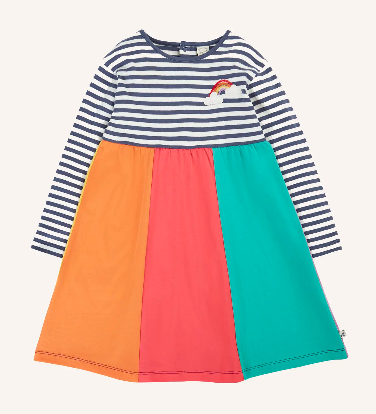 Frugi amelia rainbow dress navy breton stripe top and wide rainbow stripe skirt.