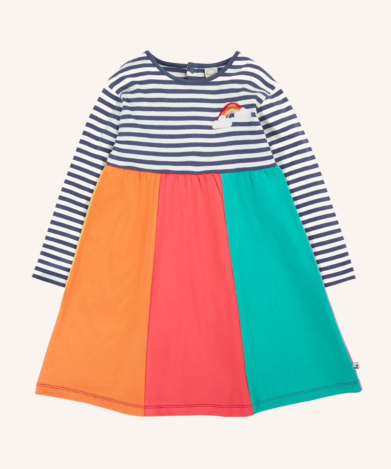 Frugi amelia rainbow dress navy breton stripe top and wide rainbow stripe skirt.