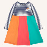 Frugi amelia rainbow dress navy breton stripe top and wide rainbow stripe skirt.