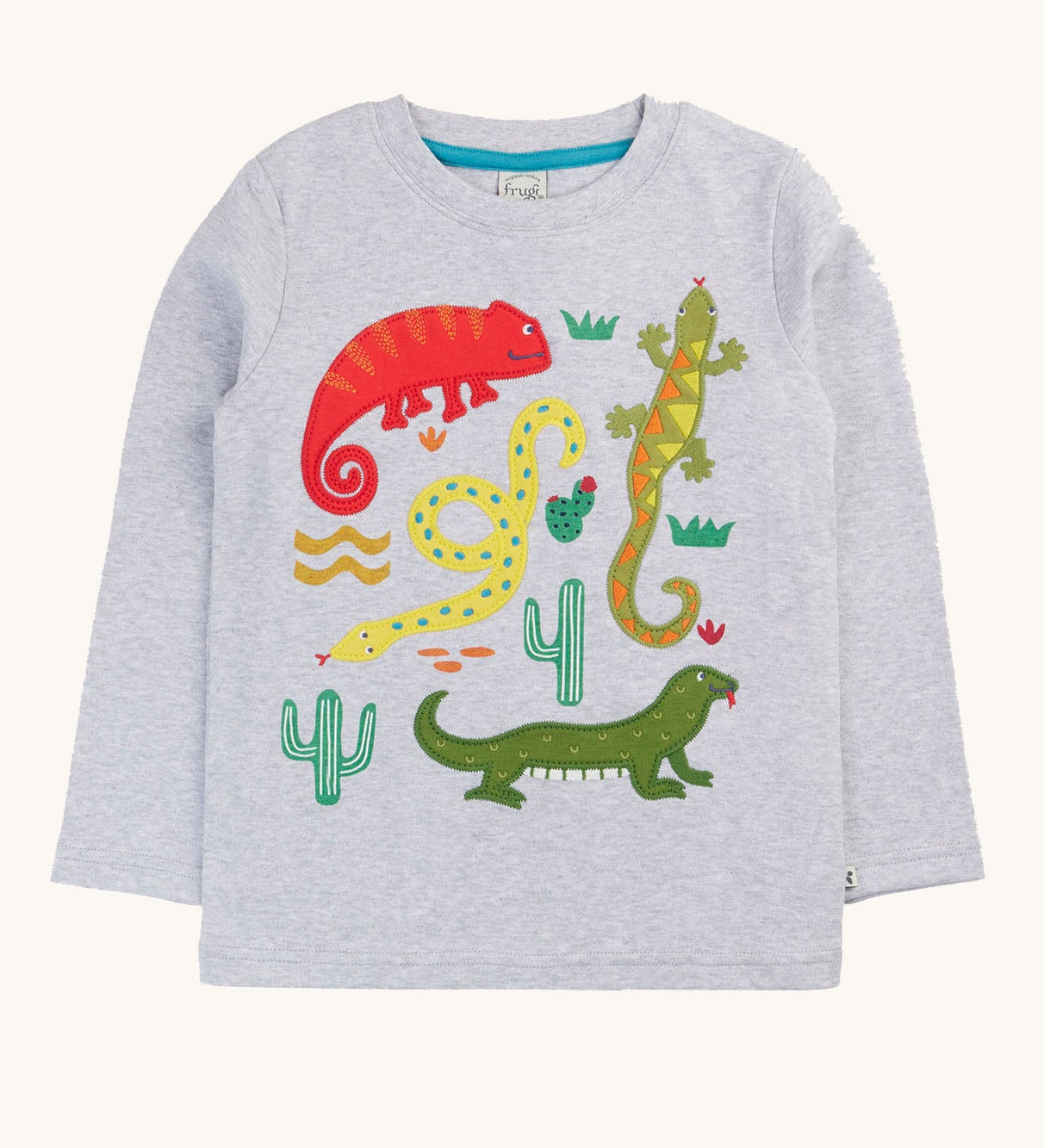 Frugi grey marl amphibian applique  long sleeved organic cotton top. A mix of appliques and printed details featuring 4 amphibians, cacti and greenery. 