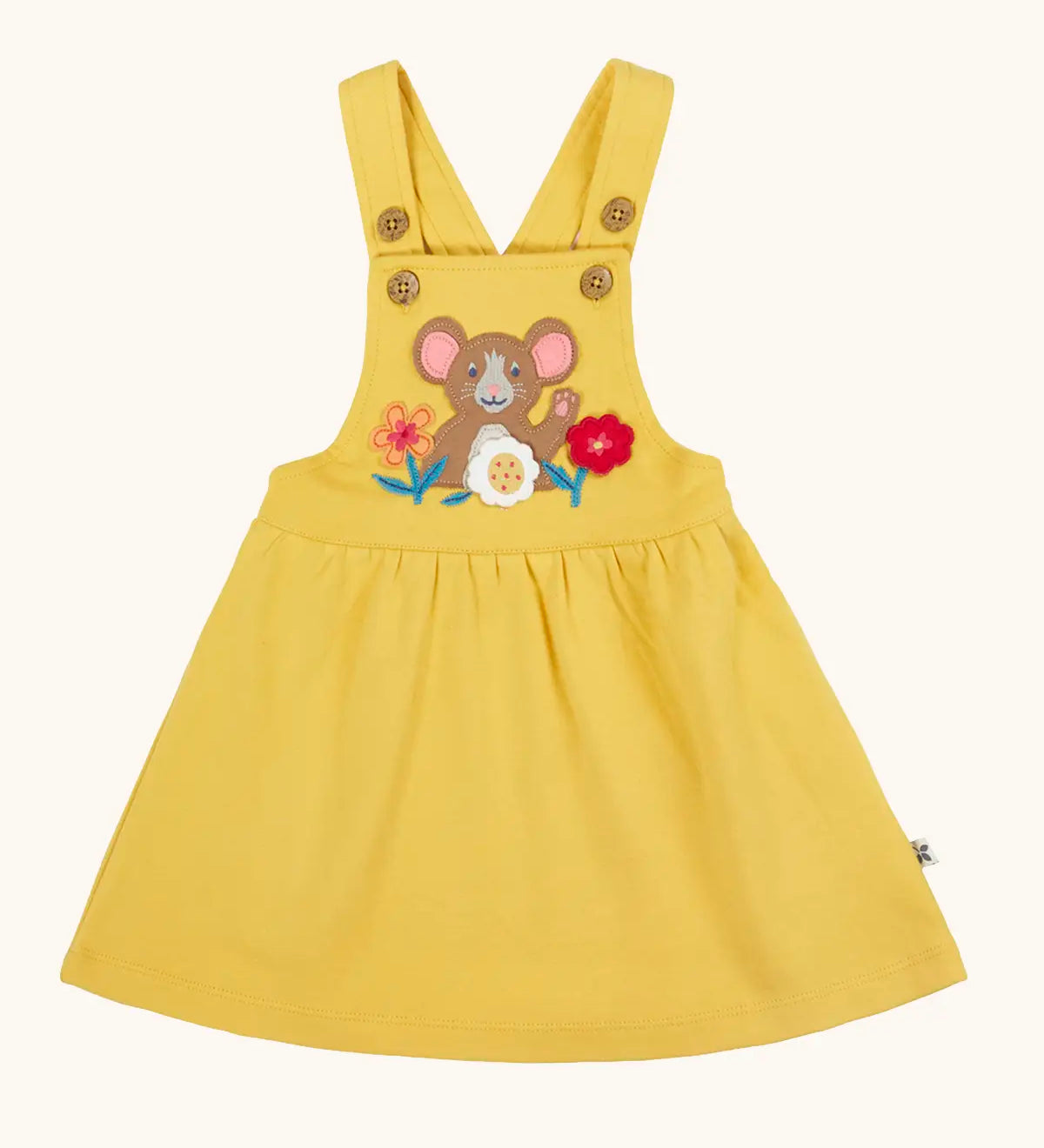 Frugi Ania bumblebee yellow pinafore dress with mouse and flowers applique on the front.