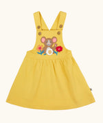 Frugi Ania bumblebee yellow pinafore dress with mouse and flowers applique on the front.