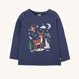 Frugi navy reindeer applique  Organic Cotton Anna long sleeved Top. This top is a part of a wide range of organic cotton clothing for children available here at Babipur. 