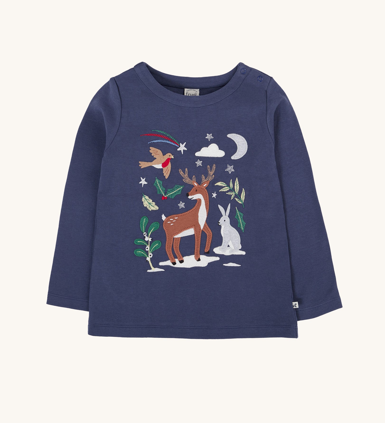 Frugi navy reindeer applique  Organic Cotton Anna long sleeved Top. This top is a part of a wide range of organic cotton clothing for children available here at Babipur. 
