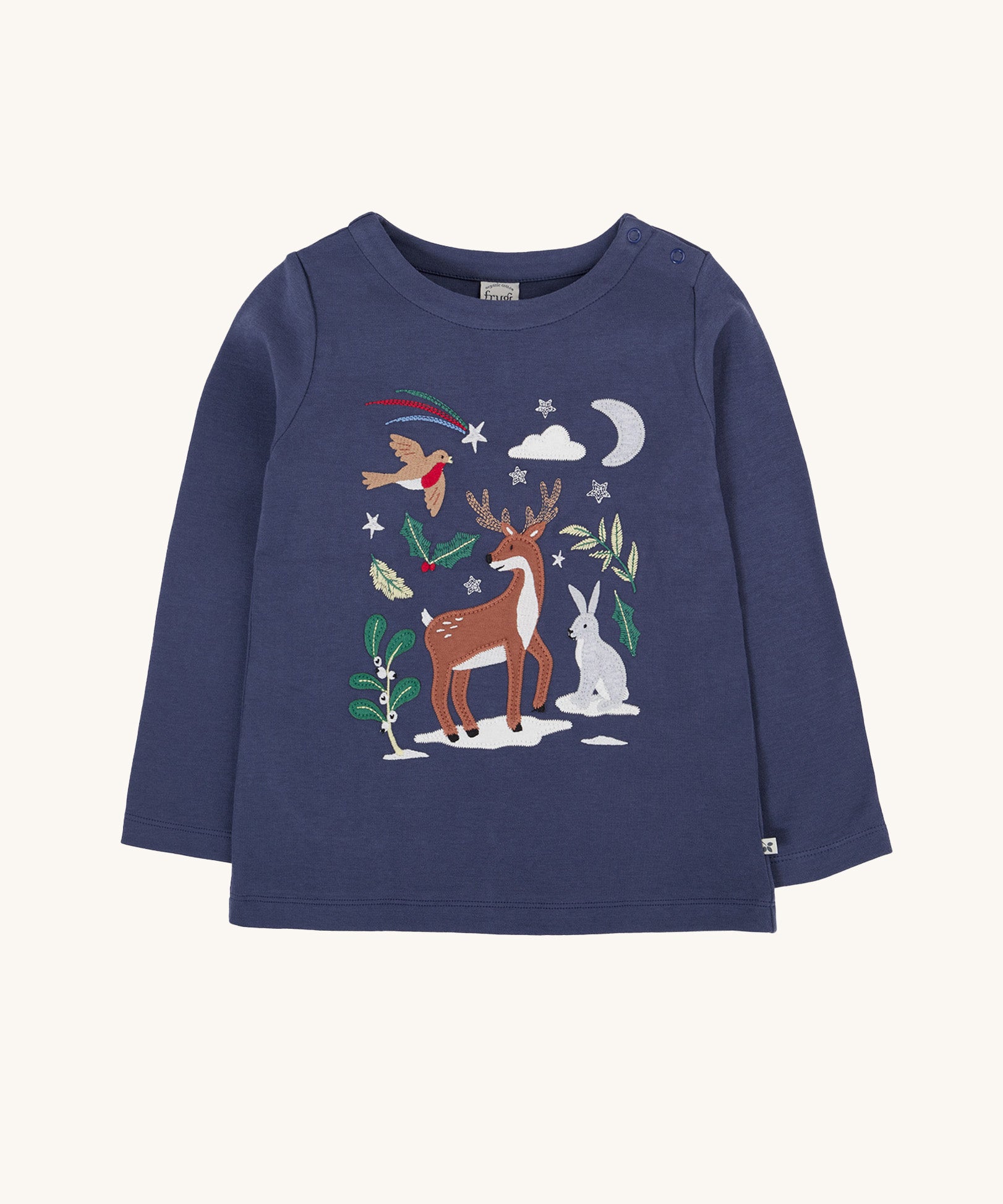 Frugi navy reindeer applique  Organic Cotton Anna long sleeved Top. This top is a part of a wide range of organic cotton clothing for children available here at Babipur. 