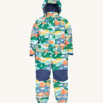 Frugi Children's Any Weather All In One - Alpine Adventures, in a colourful Alpine Adventures print, navy knee patches and navy fleece inner lining