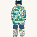 Frugi Children's Any Weather All In One - Alpine Adventures, in a colourful Alpine Adventures print, navy knee patches and navy fleece inner lining