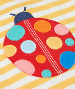 Close up of ladybird applique on the front of the Frugi yellow striped short sleeve t-shirt. The red ladybird has orange, pink, light yellow, blue and light blue coloured dots.