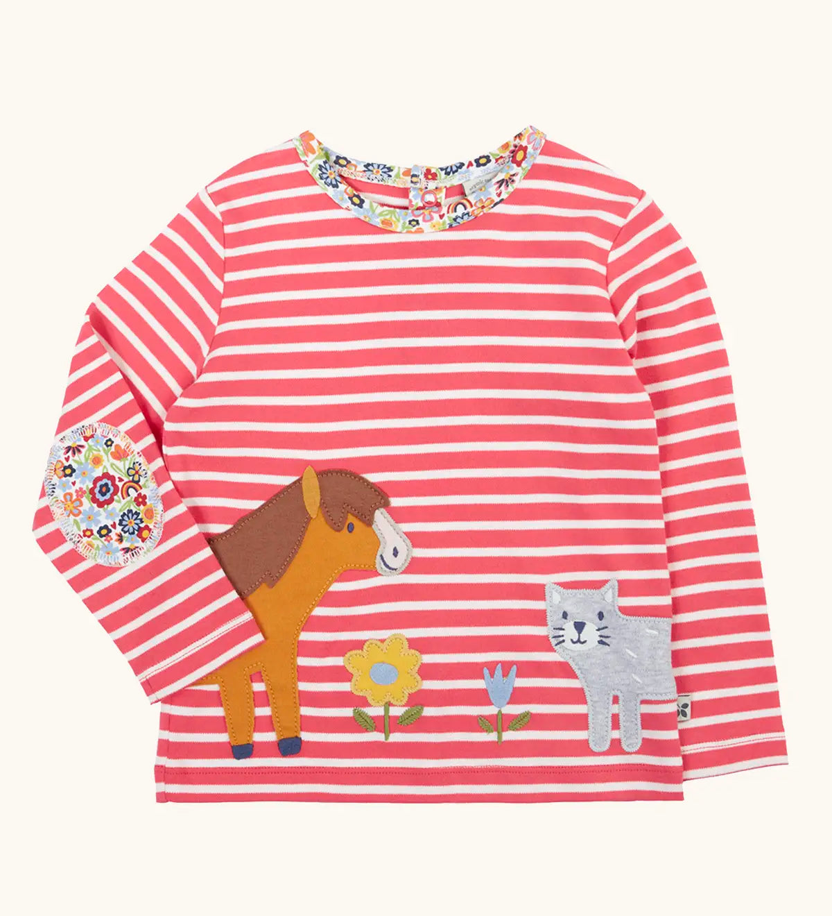 Frugi Archer horse and cat applique top in a pink rhubarb Breton stripe and floral neck trim and elbow patches.