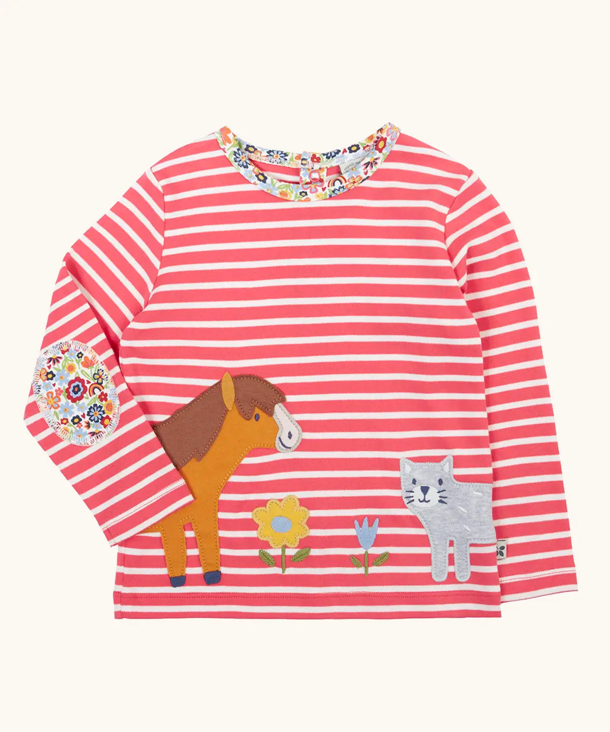 Frugi Archer horse and cat applique top in a pink rhubarb Breton stripe and floral neck trim and elbow patches.
