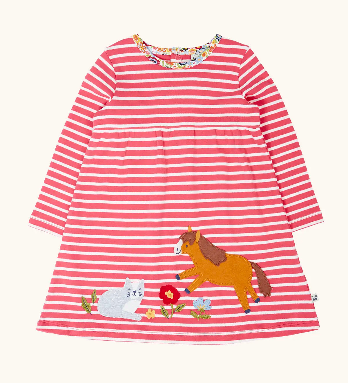 Frugi archer dress in rhubarb pink Breton stripes with horse and cat pals appliques along the hemline.