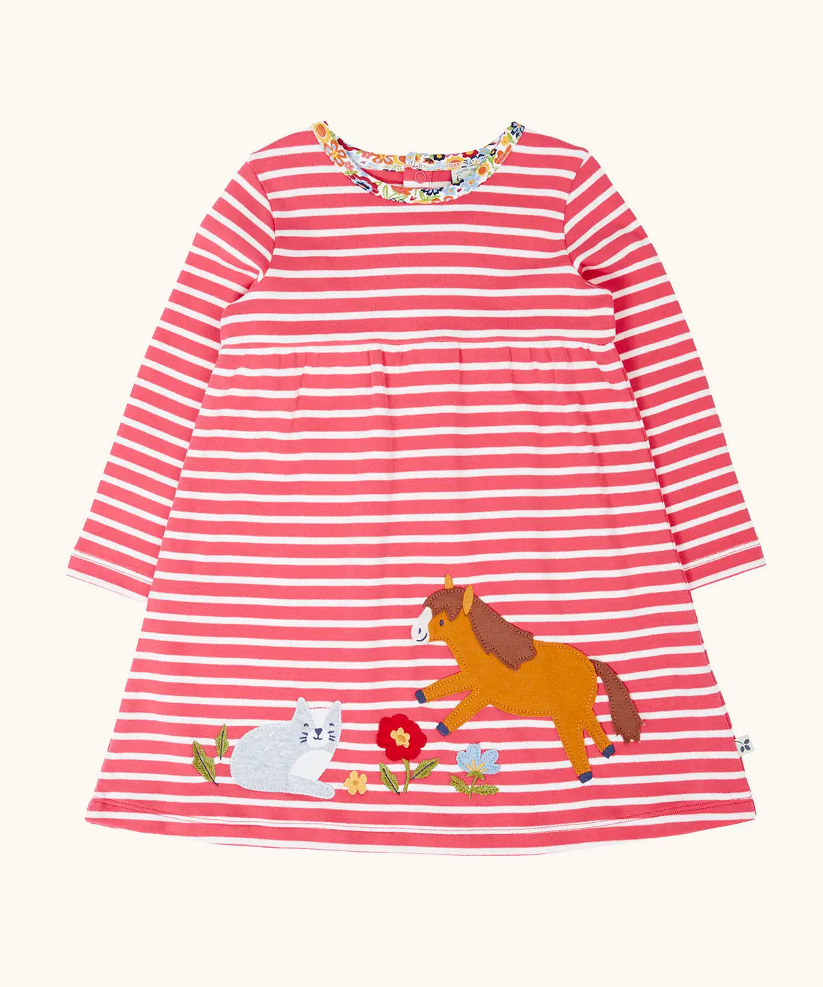 Frugi archer dress in rhubarb pink Breton stripes with horse and cat pals appliques along the hemline.
