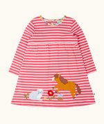 Frugi archer dress in rhubarb pink Breton stripes with horse and cat pals appliques along the hemline.