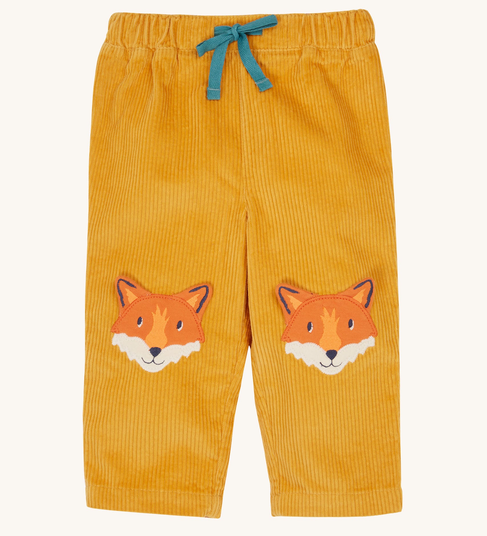 Frugi kids arlo cord trousers in gold/fox available at Babipur. A GOTS organic cotton corduroy trouser in dark yellow . Features cute fox knee patches and a blue waist drawstring cord