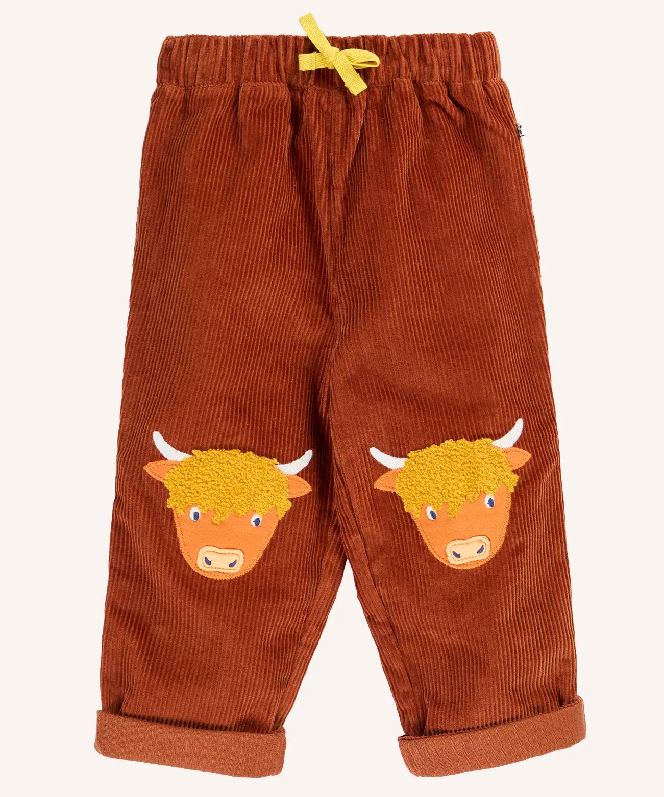 Frugi Arlo rust brown cord trousers with highland cow knee patch appliques. 
