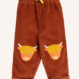 Frugi Arlo rust brown cord trousers with highland cow knee patch appliques. 