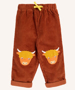 Frugi Arlo rust brown cord trousers with highland cow knee patch appliques. 