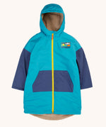 Frugi blue changing robe with navy sleeves and pockets and outdoors graphic patch on the breast and fleece lining. 