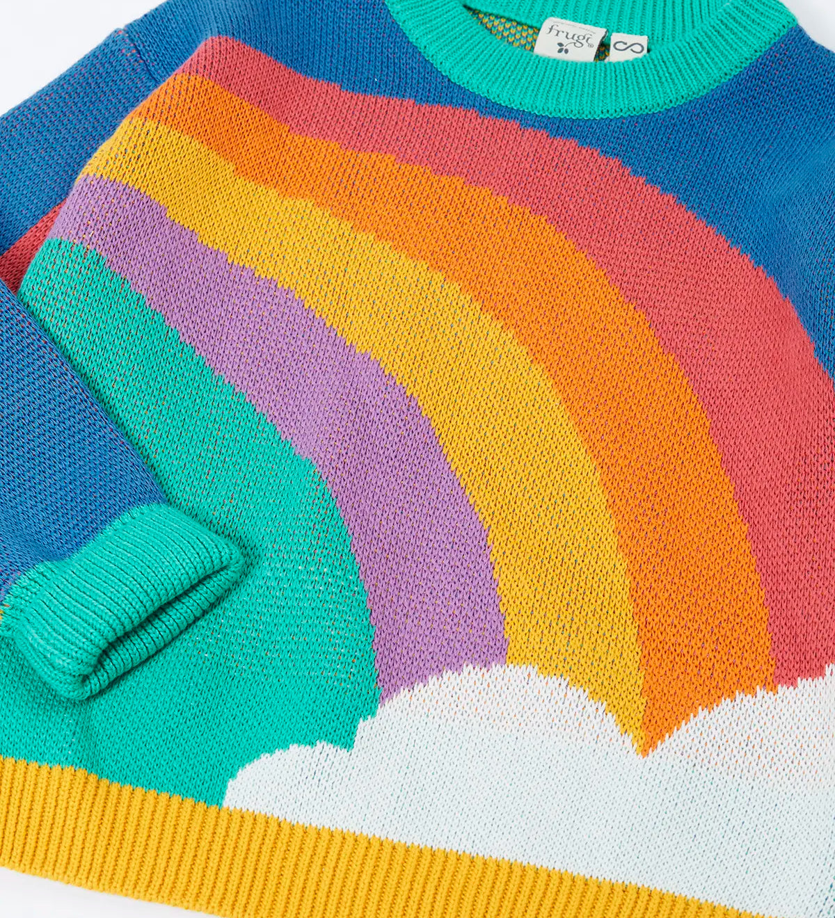 Close up of the rainbow on the front of the Frugi Aubrey organic cotton knitted jumper.
