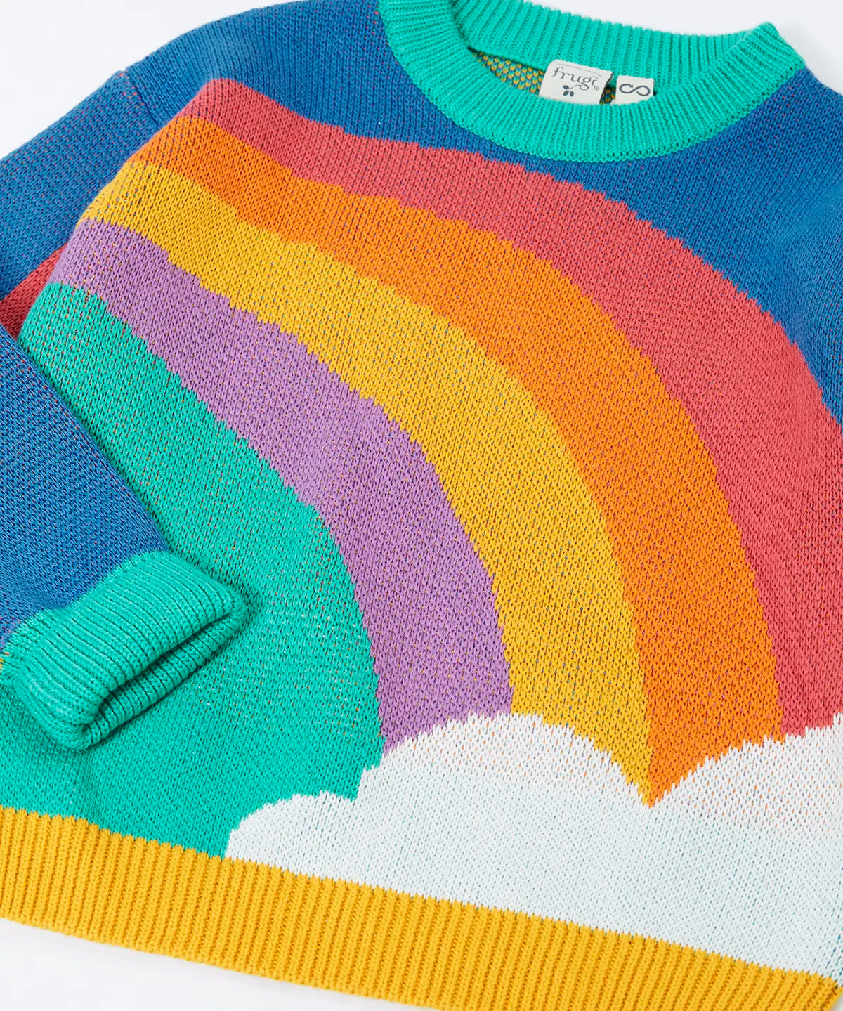 Close up of the rainbow on the front of the Frugi Aubrey organic cotton knitted jumper.