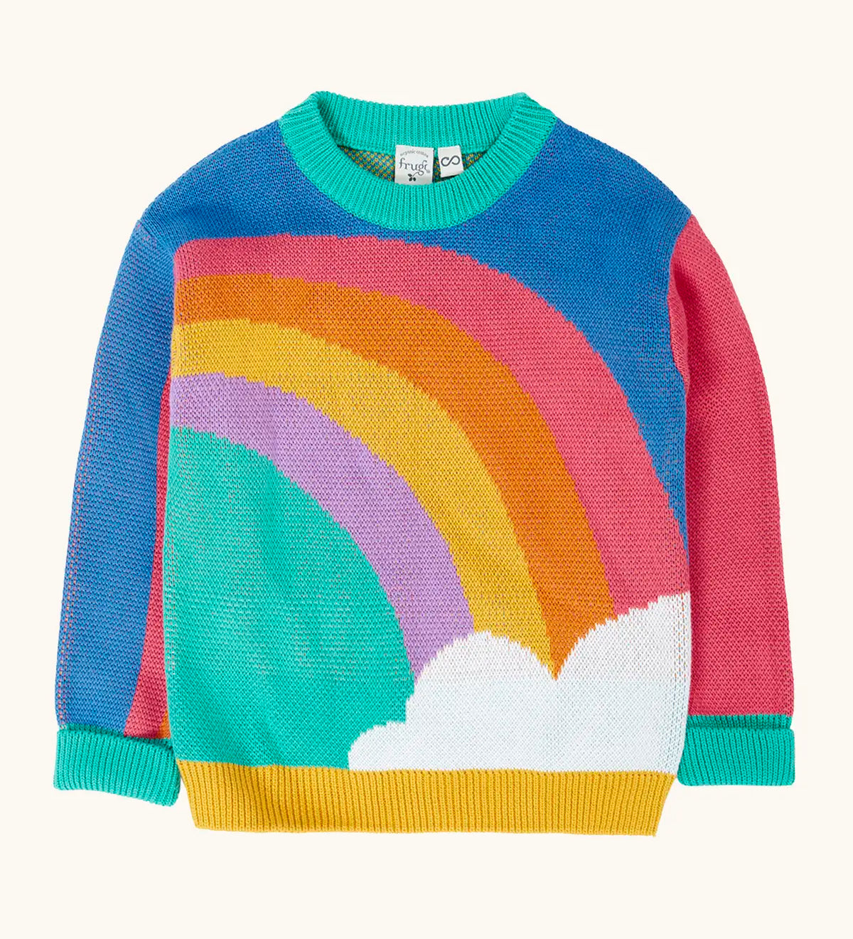 Frugi Aubrey organic cotton knitted jumper with a hotchpotch rainbow design.