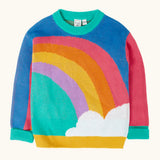 Frugi Aubrey organic cotton knitted jumper with a hotchpotch rainbow design.