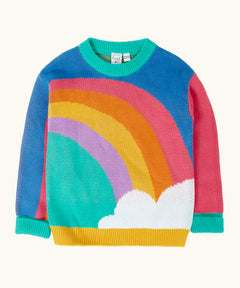 Frugi Aubrey organic cotton knitted jumper with a hotchpotch rainbow design.