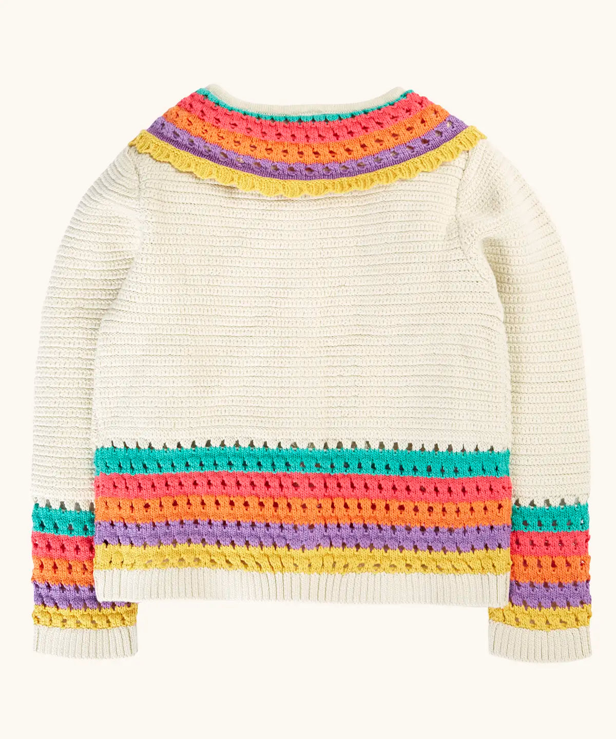 Back of the Frugi aurora collar cardigan in natural cream with rainbow stripe detail on bottom, cuffs and collar.