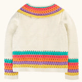 Back of the Frugi aurora collar cardigan in natural cream with rainbow stripe detail on bottom, cuffs and collar.