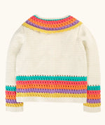 Back of the Frugi aurora collar cardigan in natural cream with rainbow stripe detail on bottom, cuffs and collar.