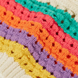Close up of rainbow stripes on the of the Frugi aurora collar cardigan in natural cream.
