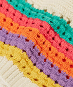 Close up of rainbow stripes on the of the Frugi aurora collar cardigan in natural cream.