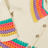 Frugi aurora collar cardigan in natural cream with rainbow stripe detail on bottom, cuffs and collar.