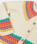 Frugi aurora collar cardigan in natural cream with rainbow stripe detail on bottom, cuffs and collar.