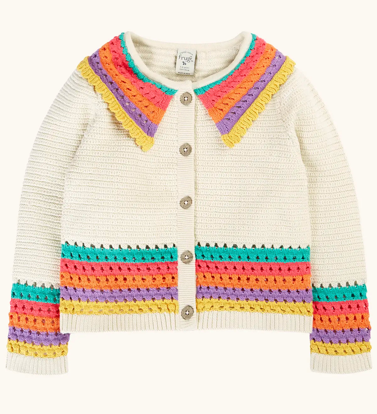 Frugi aurora collar cardigan in natural cream with rainbow stripe detail on bottom, cuffs and collar. Button up front closure.