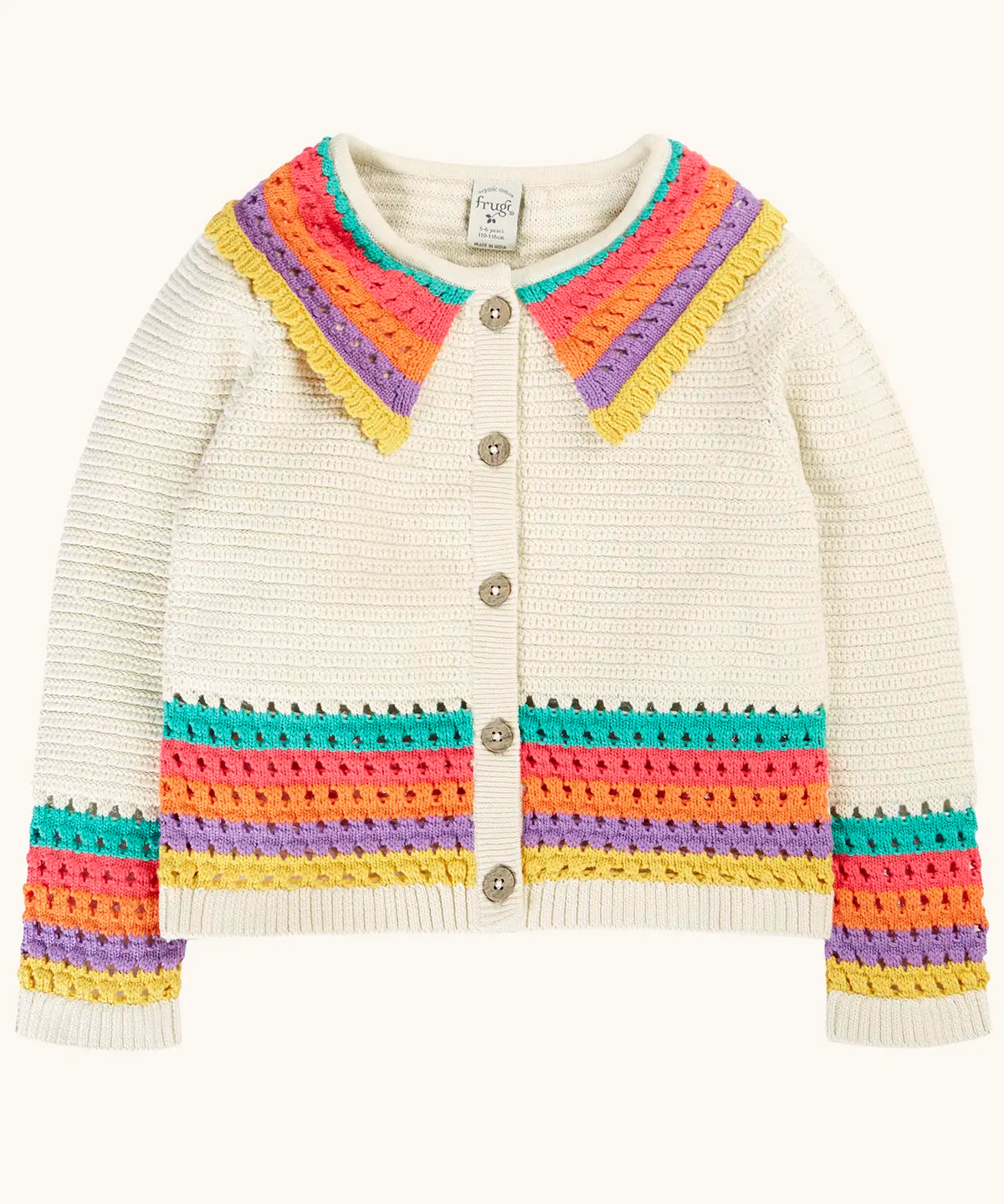 Frugi aurora collar cardigan in natural cream with rainbow stripe detail on bottom, cuffs and collar. Button up front closure.