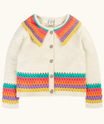 Frugi aurora collar cardigan in natural cream with rainbow stripe detail on bottom, cuffs and collar. Button up front closure.